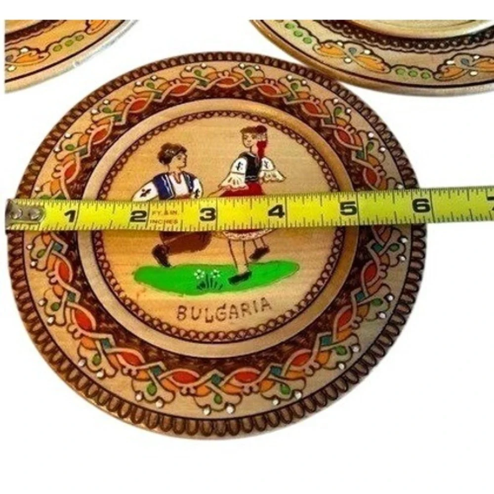 Set of‎ 3 Vintage Wooden Plates Folk Art Bulgaria Hand Painted Decorative
